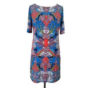 Leslie Fay Dress Retro Womens Size 6 Stretch Lined Short Slit Sleeve Floral